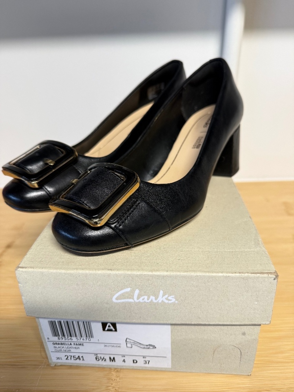 Clarks Orabella Fame Black Leather Block Heel Pumps | US 6.5M / EU 37